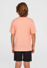 Kortärmad t-shirt med rundad hals i ljus persikofärg, tillverkad av mjukt tyg. Kombinerad med svarta cargoshorts, sett bakifrån.