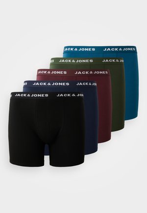 Fünferpack Herrenboxershorts von Jack & Jones in Schwarz, Marineblau, Burgunderrot, Dunkelgrün und Teal, mit elastischem Bund und Logo.