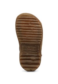 Brązowa gumowa podeszwa buta z poziomymi rowkami, o zaokrąglonym kształcie i subtelnym brandingiem. Teksturowana powierzchnia dla lepszej przyczepności.