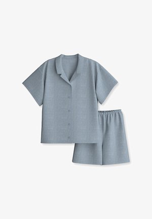 Kurzärmliges Hemd mit Knöpfen und Shorts mit elastischem Bund aus hellblauem Leinen mit einem dezenten strukturierten Muster.