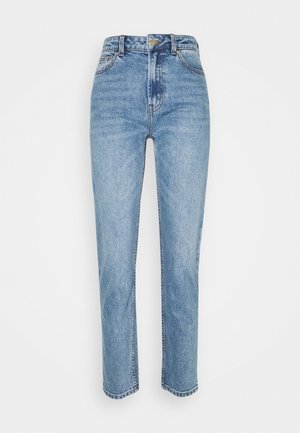 High-waisted light blue denim jeans with front pockets, belt loops, a button closure, and a straight leg fit.