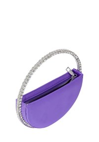 Lila, kerekded formájú retikül, cipzáros záródással és dekoratív ezüst gyöngy fogantyúval. Sima felület, minimális díszítés.