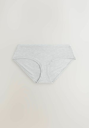 Graue Baumwollunterhose mit einem dünnen Bund und geschwungenen Beinöffnungen, die eine glatte, weiche Textur aufweist und keine sichtbaren Muster oder Akzente hat.