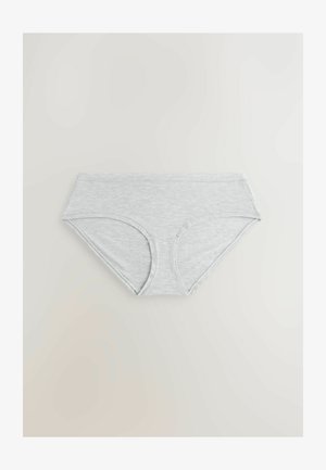 Graue Baumwollunterhose mit einem dünnen Bund und geschwungenen Beinöffnungen, die eine glatte, weiche Textur aufweist und keine sichtbaren Muster oder Akzente hat.