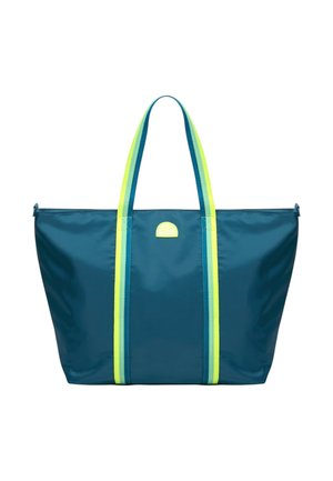 Grande borsa tote turchese con ampie doppie maniglie gialle neon e verdi e un piccolo logo circolare vicino al centro in alto.