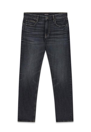 Tmavomodré pánske rifle s rovnými nohavicami, piatimi vreckami, pútkami na opasok, zapínaním na gombíky a jemným vyblednutím na horných stehnách.