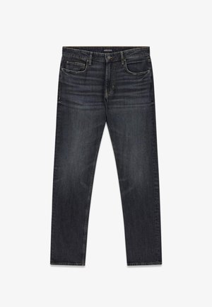 Tamsiai pilkos vyriškos tiesios kojų džinsai su penkiomis kišenėmis, diržo kilpelėmis, užsegimu su saga ir švelniu išblukimu viršutinėje šlaunų dalyje.