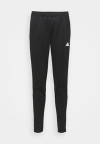 Black athletic pants made of lightweight fabric, featuring an elastic waistband, tapered legs, and white logo on the left thigh.