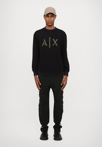 Sudadera negra con gráfico dorado "A|X", puños y dobladillo acanalados. Combinada con pantalones verde oscuro y una gorra marrón claro. Unos zapatos negros completan el conjunto.