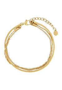 Bracciale multistrato in oro che presenta vari stili di catena, tra cui una catena a serpente e una catena a maglia piatta, con un gancio a mosca e una catena regolabile.