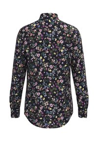 Camicia a maniche lunghe con sfondo nero, caratterizzata da un motivo floreale multicolore, in tessuto morbido e con un design a colletto classico.