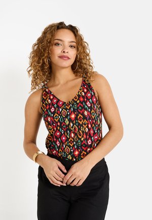 Haut sans manches noir et multicolore à motif avec un décolleté en V, comprenant de grandes formes géométriques et fabriqué dans un tissu léger.