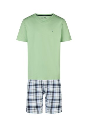 Light green short-sleeve V-neck shirt paired with white, black, and green plaid knee-length shorts.