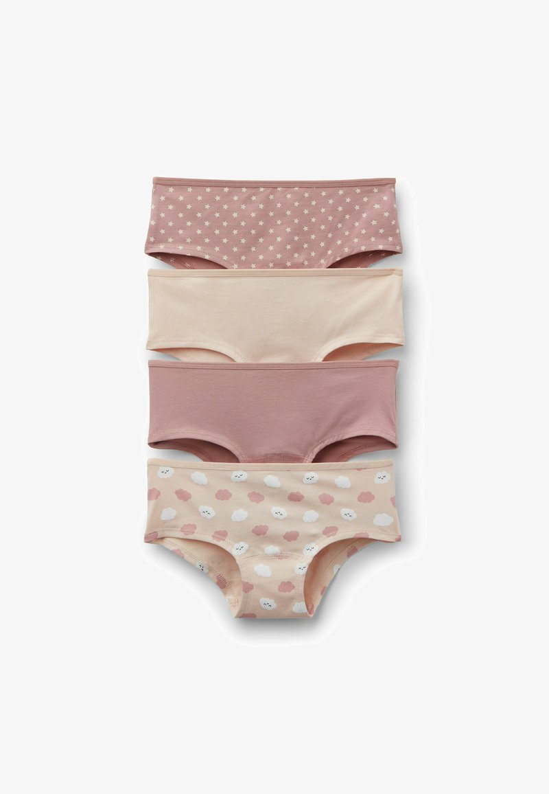 Quatre culottes en coton pour filles, de couleur rose pastel, avec des motifs d'étoiles et de nuages, disposées verticalement sur un fond blanc.