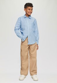 Blauw en wit gestreept overhemd met lange mouwen, met knopen, voorzien van een borstzak, gecombineerd met beige cargobroek en witte sneakers.