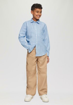 Blauw en wit gestreept overhemd met lange mouwen, met knopen, voorzien van een borstzak, gecombineerd met beige cargobroek en witte sneakers.