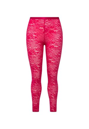 Pink lace leggings featuring a floral pattern with a semi-transparent texture and a solid waistband. Full-length design for comfort.