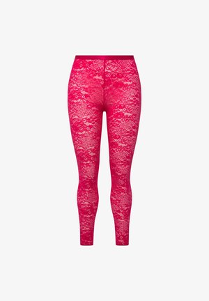 Roze kanten legging met een bloemenpatroon, voorzien van een semi-transparante textuur en een stevige tailleband. Volledige lengte ontwerp voor comfort.