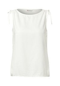 White sleeveless blouse with gathered shoulder ties and a textured fabric. Simple style suitable for casual or dressy occasions.