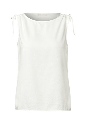 White sleeveless blouse with gathered shoulder ties and a textured fabric. Simple style suitable for casual or dressy occasions.