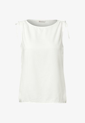 Valkoinen hihaton paita, jossa on ryppyiset olkatassat ja tekstuurinen kangas. Yksinkertainen tyyli, joka sopii rentoihin tai juhlallisiin tilaisuuksiin.