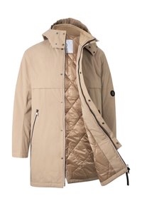 Beige hooded coat with quilted lining, front zipper, snap buttons, and zippered side pockets, displayed partially open.