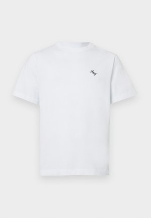 White cotton t-shirt featuring a crew neckline and short sleeves. Includes a small black embroidered logo on the left chest.