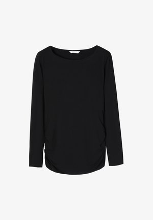 Mustast pikast käisest pluus pehmest kangast. Omab ümmargust kaelust ja kootud külgdetailide ning alandava sobitava kuju jaoks.