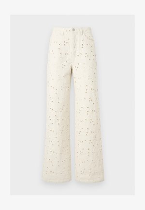 Pantalon large crème taille haute avec broderie ajourée, poches avant et fermeture zippée avec bouton.