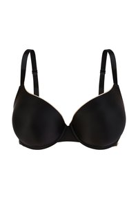 Soutien-gorge rembourré noir en tissu lisse, avec armatures et bretelles réglables. Présente un accent doré sur le côté et un design incurvé pour le soutien.