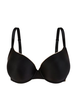 Soutien-gorge rembourré noir en tissu lisse, avec armatures et bretelles réglables. Pr�ésente un accent doré sur le côté et un design incurvé pour le soutien.