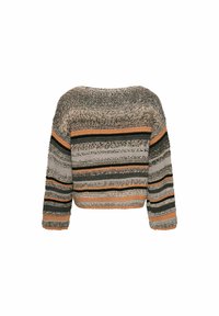 Sweter dzianinowy z szerokim dekoltem, z poziomymi paskami w kolorach szarym, czarnym i pomarańczowym. Teksturowany, skrócony fason z długimi rękawami.