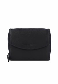 Black leather wallet with a smooth texture, fold-over flap, and zippered compartment. Features embossed brand name on the front.