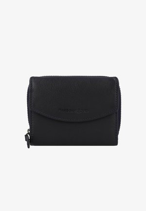 Black leather wallet with a smooth texture, fold-over flap, and zippered compartment. Features embossed brand name on the front.