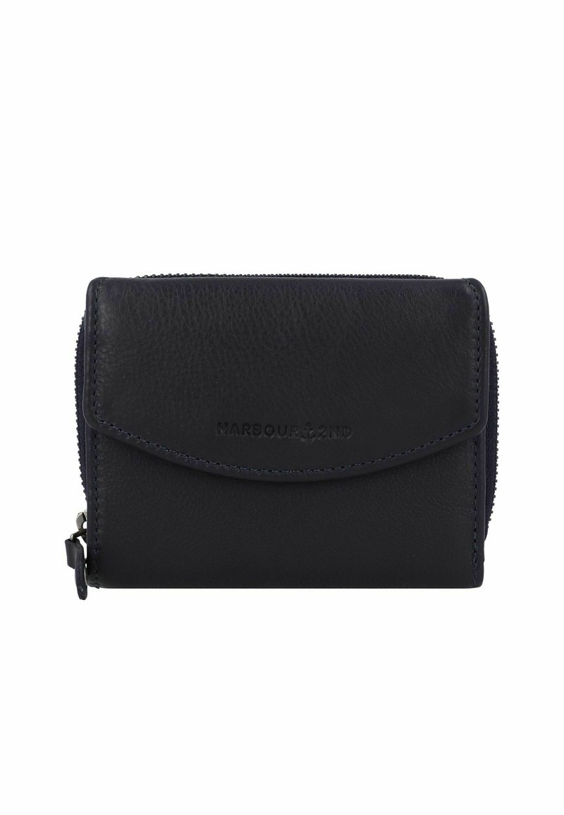 Black leather wallet with a smooth texture, fold-over flap, and zippered compartment. Features embossed brand name on the front.
