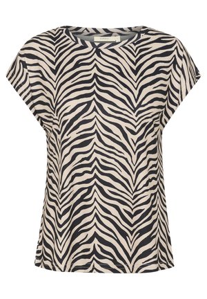 Īsām piedurknēm, brīvā piegriezuma blūze bēšā kokvilnā ar melnu zebras svītru rakstu, ar apaļu kakla izgriezumu un brīvu siluetu.