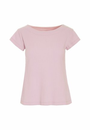 Haut court côtelé rose clair à manches courtes avec un large col rond et un ourlet légèrement évasé sur fond blanc uni.