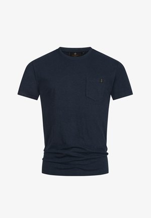 Dark navy blue cotton t-shirt with short sleeves, round neck, and a small chest pocket. Soft texture with a slight stretch.