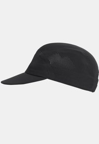 Black cap with a curved visor, made of lightweight fabric, featuring a perforated section on one side for breathability.