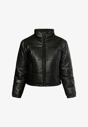 Sort læder cropped puffer jakke med stå krave, lynlås lukning og ribbede manchetter; har quilted panel design og sidelommer.