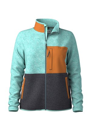 Veste en polaire avec col haut ; présente des blocs de couleurs turquoise, orange et gris, une poche zippée et une texture contrastante sur le panneau avant.