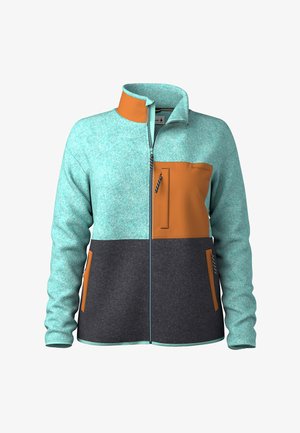 Fleecejacke mit hohem Kragen; verfügt über Farbkombinationen in Türkis, Orange und Grau, eine Reißverschlusstasche und einen kontrastierenden Stoff auf der Vorderseite.