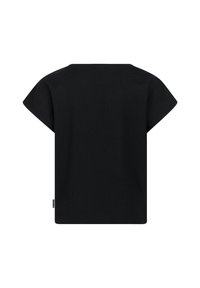 Čierny krátky rukáv s voľným strihom. Vyrobený z textúrovaného materiálu, s okrúhlym výstrihom a štítkom na spodnom ľavom šve.