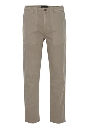 Beige pamut nadrág egyenes szabással, két elülső zsebbel és gombos záródással. Sima textúra és egyszerű dizájn.