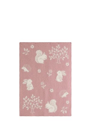 Pink rechteckige Decke mit weißen Illustrationen von Eichhörnchen, Kaninchen, Igeln, Blumen und blättrigen Zweigen.