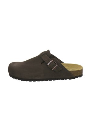 Brown suede slip-on clog with adjustable buckle strap and contoured cork footbed, designed for casual wear.