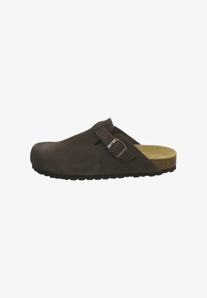 Brown suede slip-on clog with adjustable buckle strap and contoured cork footbed, designed for casual wear.