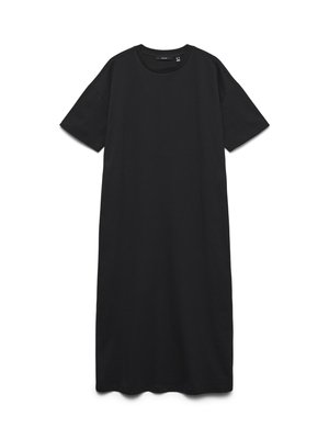 Juoda midi suknelė trumpomis rankovėmis, su apvalia iškirpte ir tiesia silueto linija, pateikta ant balto fono.