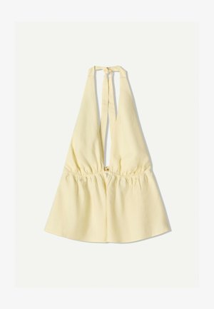 Haut à bretelles jaune avec une taille élastiquée, présentant un décolleté en V profond et des liens au cou. Texture en coton lisse.