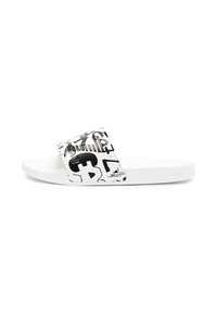 Infradito bianco con una fascia texturizzata che presenta motivi grafici neri. Design della suola piatta, stile minimalista, materiale leggero.